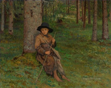 Nikolay Petrovich Bogdanov Belsky Painting - NIÑO EN EL BOSQUE Nikolay Bogdanov Belsky